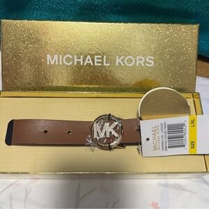 Michael Kors Brown Leather Belt with Gold MK Buckle